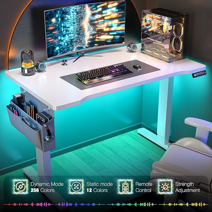 EnHomee Standing Desk with RGB Lights,Adjustable Gaming Desk 48 x 24 Height,Computer Desk with 3 Memory Presets & Ergonomic Curved Top,Sit Stand Office Desk with Storage Bag & Hook,White