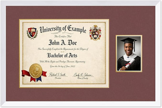 CountryArtHouse Fits 17 x 13 International Diploma and 5 x 7 Photo Diploma and Photo Frame Bright White Genuine Hardwood with Dark Red Over Metallic Gold Double mat