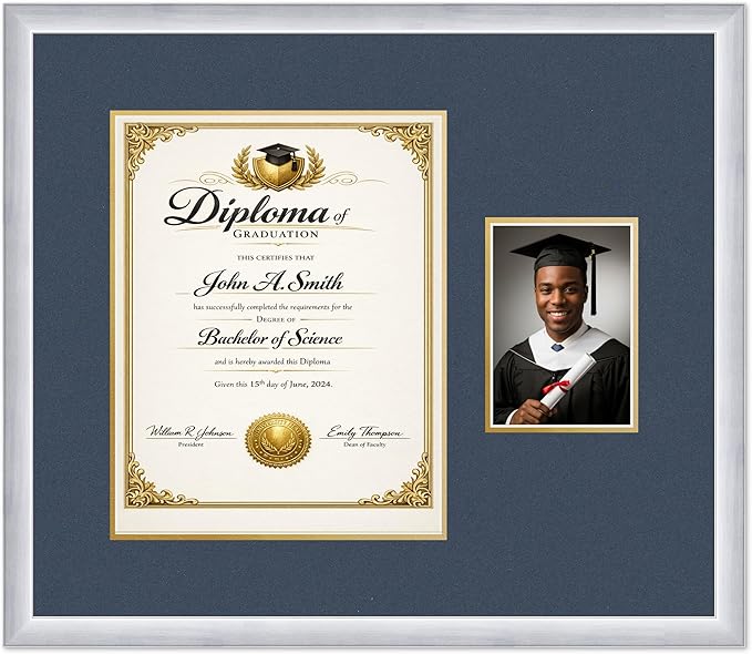 CountryArtHouse Fits 11 x 14 College Diploma (Portrait) and 5 x 7 Photo Diploma and Photo Frame Stainless Silver Genuine Hardwood with Navy Blue Over Metallic Gold Double mat