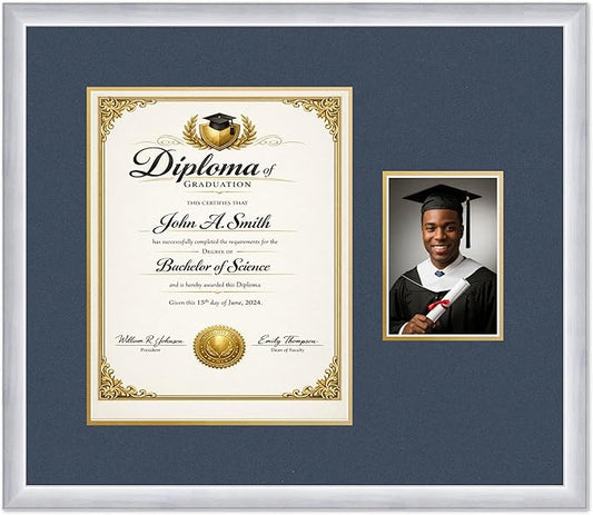 CountryArtHouse Fits 11 x 14 College Diploma (Portrait) and 5 x 7 Photo Diploma and Photo Frame Stainless Silver Genuine Hardwood with Navy Blue Over Metallic Gold Double mat