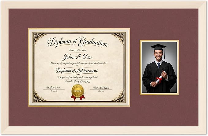 Diploma Frame With Photo Opening Coastal Whitewash Dark Red Over Gold Mat - Fits 13 x 10 Degree and Picture Made in the USA