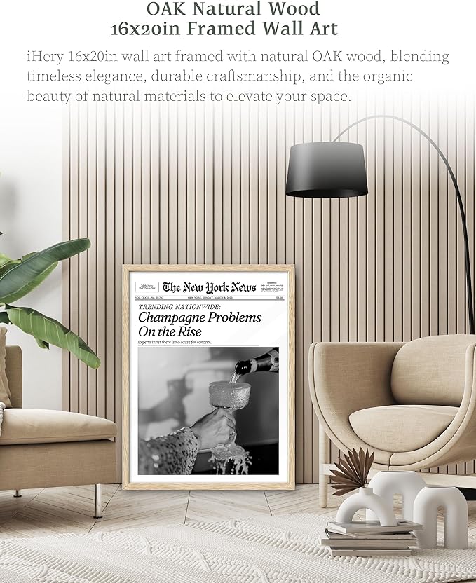 iHery Champagne Problems On the Rise Newspaper Headline Framed Wall Art, Natural OAK Wood Trendy Large 16x20 in Canvas Wall Art Décor For Bedroom Living Room Bathroom Set of 1