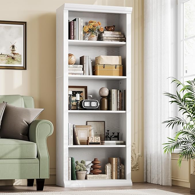 Rresyet 5 Tier Bookshelf and Bookcase, Tall Modern Bookcase with Storage Shelves, Sturdy Open Display Shelf for Living Room, Bedroom, Home Office, Dining Room Decor, White