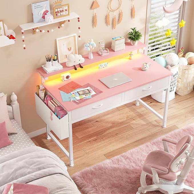 39.4Inch Office Computer Desk with LED Lights & 2 Fabric Drawers, Gaming Desk with Side Pocket & Ergonomic Monitor Stand, Small Space Study Writing Table with Anti-Tip Design,Pink