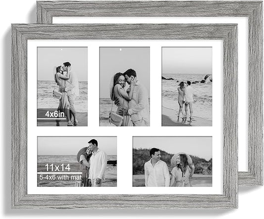 11x14 Picture Frame Set of 2, Grey Wood Frame with Real Glass Collage Picture Frames, Display Pictures Five 4x6 With Mat or 11 x 14 Without Mat, Photo Frames Wall Gallery