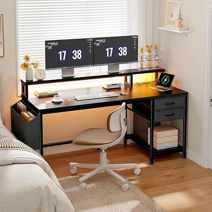 48" Computer Desk with Drawers & Storage Bag, Gaming Desk with Power Outlets and LED Lights, Office Desk with Monitor Stand for Bedroom Gaming Room, Study Work Home Office, Black