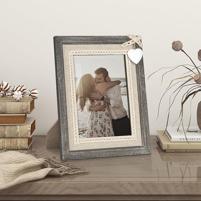 Afuly 4x6 Rustic Picture Frame White Heart Picture Frame Cute Burlap Distressed Wood Photo Frames Farmhouse Decor for Wall or Tabletop Display, Birthday Gifts for Mom Grandma