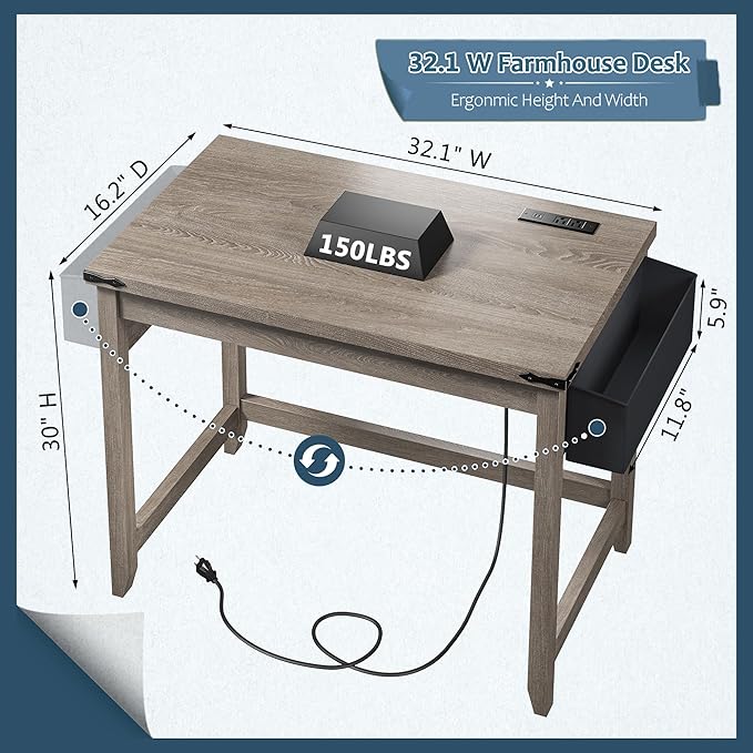 EnHomee 32" Small Desk Thickened & Reinforced with Power Outlet, Sturdy Computer Desk with Storage Bag Detachable,Affordable Luxury Home Office Desk and Writing Desk for Small Spaces,Ash Gray