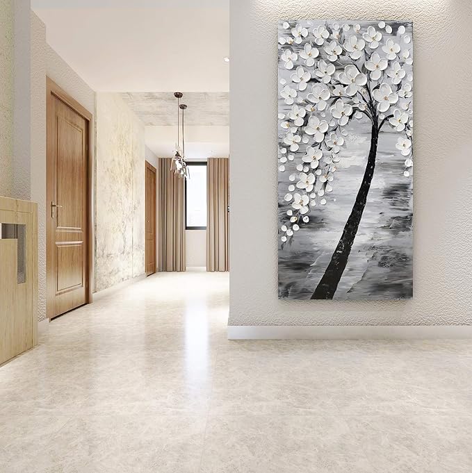 Yihui Arts 3D White Flower Canvas Wall Art Hand Painted Grey Paintings Vertical Artwork for Living Room Bedroom Hallway Decoration