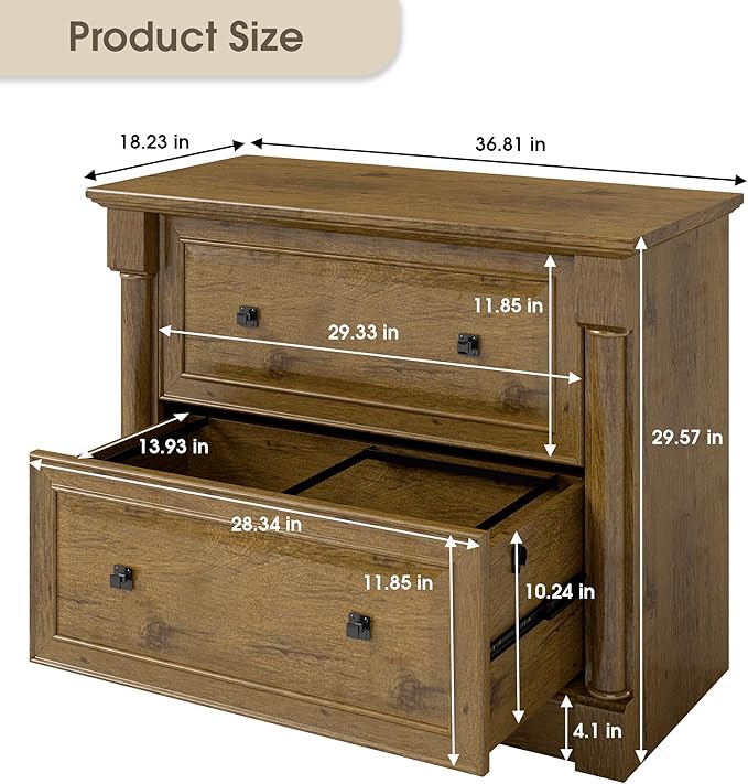2-Drawer Roman Column File Cabinet, 36.8″ Wide Lateral File Cabinet with Hanging Folders, Fits Letter Legal A4 Sizes, Elegant Classic Design for Home Office Boss Room or Printer Stand, Vintage Oak