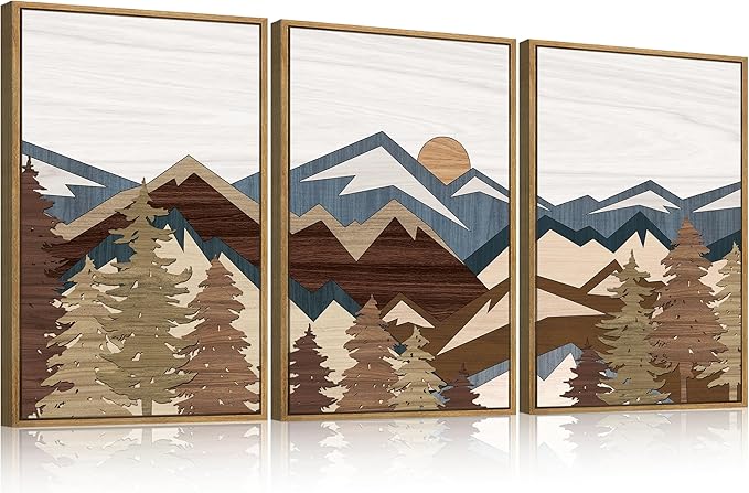 BINCUE Mountain Wall Art Rustic Farmhouse Wall Paintings Vintage Mountains Wall Decor Boho Mountain Artwork for Living Room Bedroom 16x24 Inch Set of 3