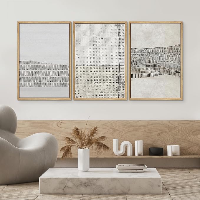 SIGNWIN Framed Canvas Print Wall Art Set Grunge Black Tan Line Art Landscape Abstract Shapes Cozy Neutral Decorative Contemporary Minimal for Living Room, Bedroom, Office - 24"x36"x3 Natural
