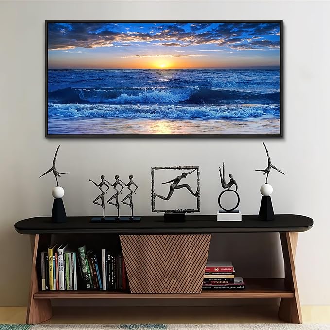 Sea Beach Framed Canvas Wall Art For Living Room Large Size Wall Decor For Bedroom Office Decor Blue Ocean Wall Pictures Artwork Sunny Sea View Wave Painting Home Decorations Black Framed 24" X 48"