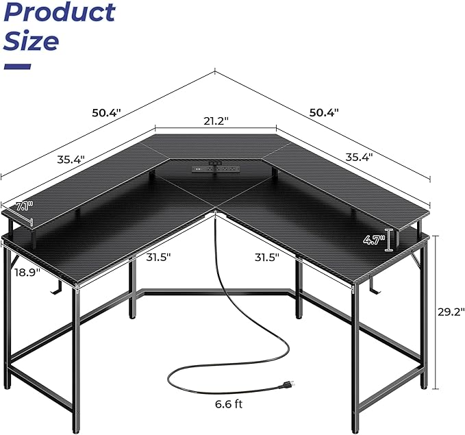 Huuger L Shaped Gaming Desk with Power Outlets & LED Lights, Computer Desk with Monitor Shelves, Carbon Fiber Surface, Home Office Desk, Corner Gaming Desk with Hooks, Carbon Fiber Black