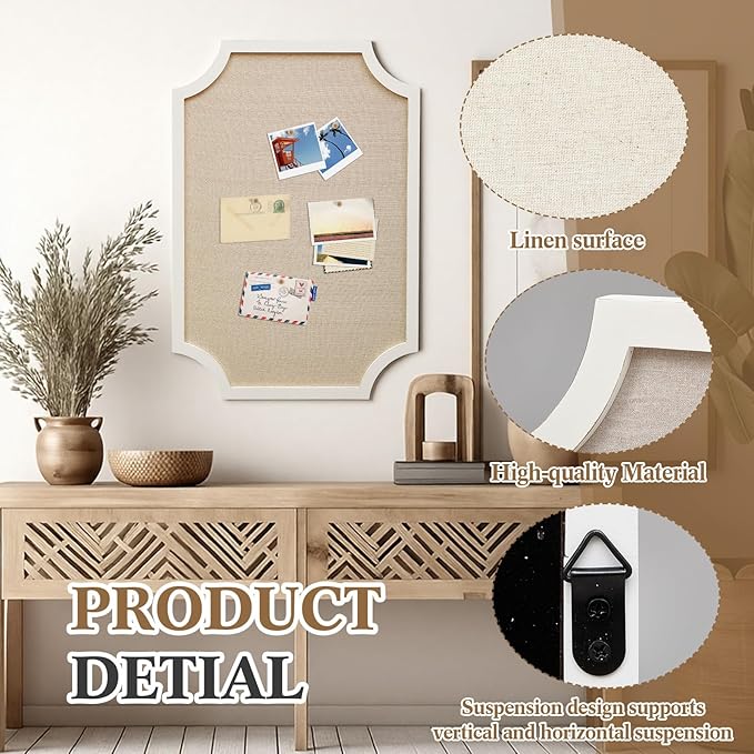 Vintage Framed Pin Board Linen Display Bulletin Board Large Cork Fabric Picture Photo Pinboard Memo Ornate Decorative Pinboard Ornate for Wall Gift(Scalloped,24'' X 36",Farmhouse White)