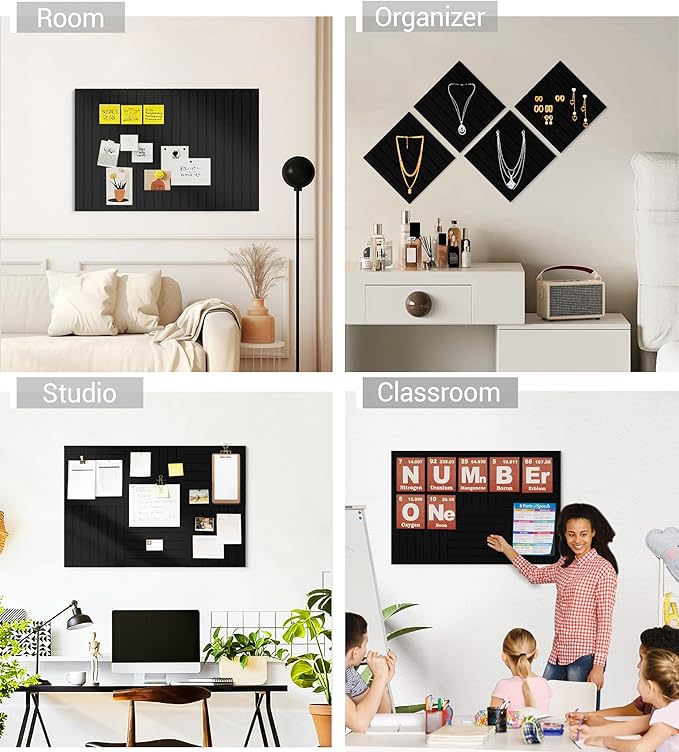 1/2" Thick Cork Board for Office, 6 Pack Felt Wall Tiles -28"x18" with Safe Adhesive Tabs, Large Bulletin Board, Push Pin Board Organizer Wall - Black
