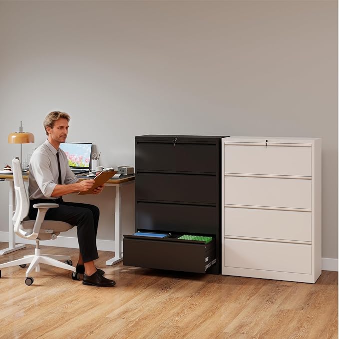 4 Drawer File Cabinet with Lock, Lateral Filing Cabinets,Metal Storage Filing Cabinets for Home Office, Heavy Duty File Cabinet for Letter/Legal/A4/F4 Size Amsseble Required, Black