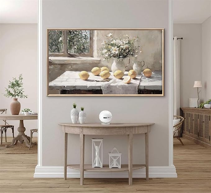 Vintage Kitchen Wall Art Yellow Lemon Still Life Pictures Daisy oil Painting Poster Rustic Farmhouse Artwork Posters White vase Canvas Bedroom Bathroom Wall Decor Kitchen Prints unframe 12x24in