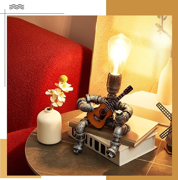 VIHOSE Metal Pipe Table Lamp, Creative Robot Style Desk Lamp, Vintage Industrial Water Pipe Light for Men Bedside Table Nightstand Bar Restaurant Cafe(Guitar Style, Silver Black)