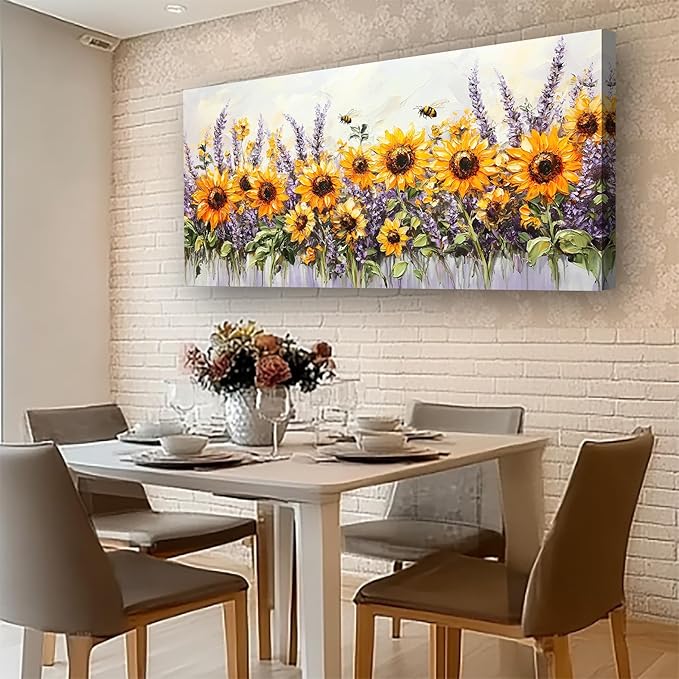 Abstract Sunflower and Lavender Picture Print Canvas Wall Art Living Room Dining Room Office Study Bedroom Wall Decor Wall Art Prints Modern Style Artwork Waterproof Ready to Hang - 20x40 Inch