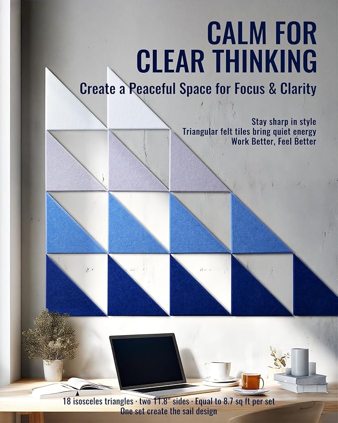Felt Wall Tiles Bulletin Board, Marine Blue White Panels, Modular Decorative Boards for Home Office, Kids Room, Nursery, DIY Geometric Art Display, 18 Pack 11.8" Triangle Tiles (Marine)