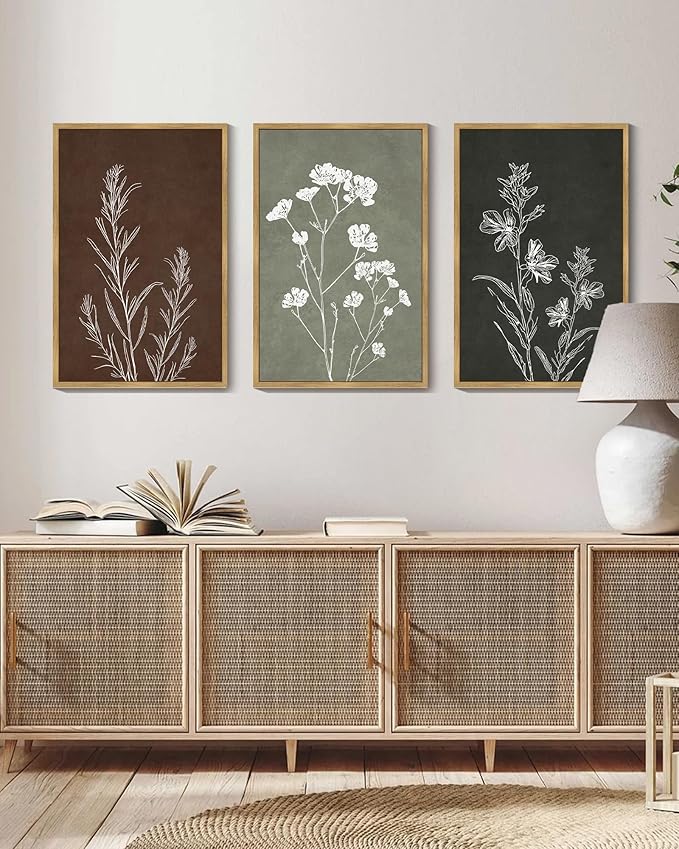 Drsoum Flower Wall Art Vintage Floral Minimalist Wall Hanging Decor Farmhouse Colorful Botanical Prints Artwork for Bedroom Living Room Hallway 16x24in Natural Framed
