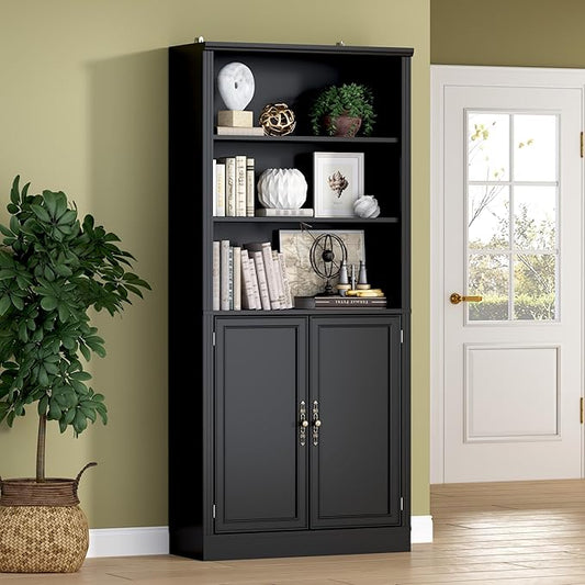 70.1" Tall Bookshelf with Cabinet, 5-Tier Floor Standing Bookcase with Doors & Adjustable Shelves, 31.5" Wide Storage Shelf, Metal Handles, Modern Organizer for Home Office, Living Room