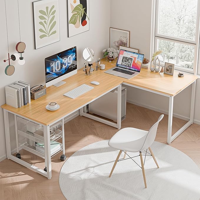 SUPER DEAL Computer Desk 47 Inch Modern Sturdy Office Desk PC Laptop Notebook Simple Writing Table for Home Office Workstation, Natural Oak