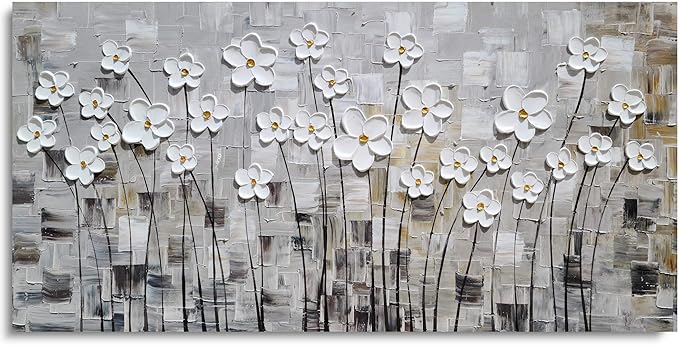 Yihui Arts Hand-Painted Textured White Floral Artwork on Gray Abstract Background - Modern 3D Flower Oil Painting for Living Room, Bedroom, Home Decor