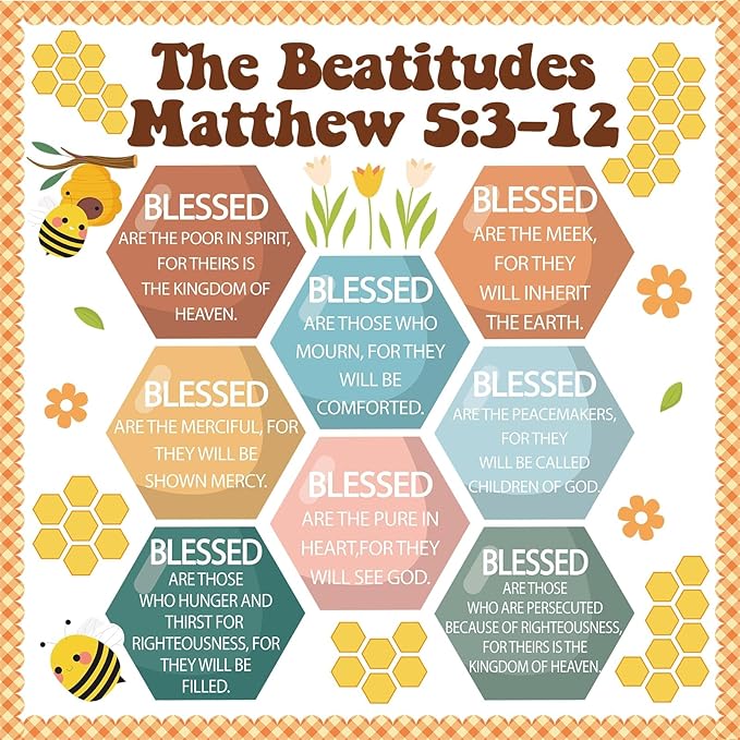Christian Bulletin Board Decoration The Beatitudes Matthew 5:3-12 Classroom Decoration Motivational Bible Verse Poster Paper Cutouts for Back to School Sunday School Church Parish Decor（Groovy）