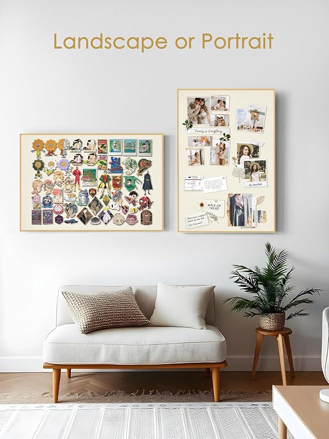 Bulletin Board 40 x 30 inches, Oatmeal White Pin Board, Golden Aluminum Framed Fabric Cork Board with 10 Push Pins