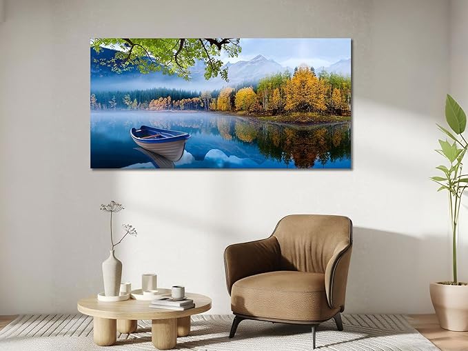 Arjun Landscape Wall Art for Living Room Lake Canvas Blue Picture Bedroom, Nature Boat Artwork Modern Nature Painting Framed Large Home Office Dining Room Wall Decor 40"x20"