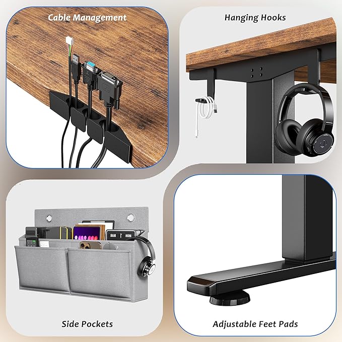 EnHomee Gaming Desk with LED Lights,Computer Desk Adjustable Electric Standing Height Office Desk with 3 Memory Preset,Storage Side Pocket and Cable Management,Rustic Brown，48 x 24 Inch