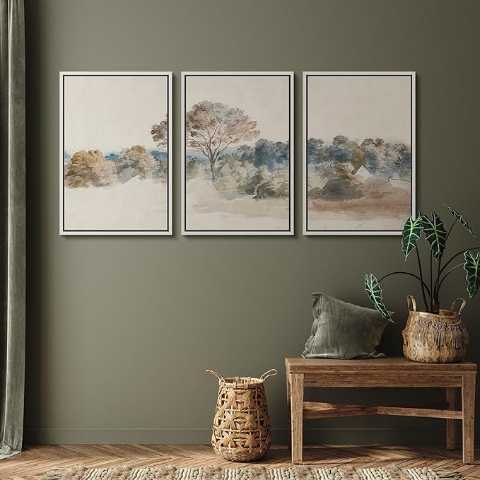 SIGNFORD Framed Wall Art Print Set Pastoral Elegance Soft Watercolor Trees and Fields Illustrations Modern Decorative Multicolor Relax/Calm Chic for Living Room, Bedroom, Office - 24"x36"x3 White