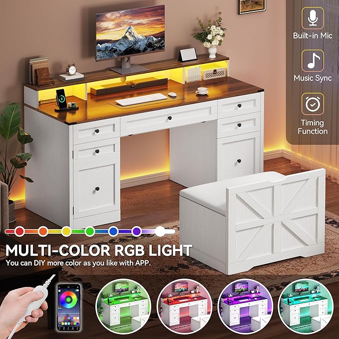 YITAHOME Computer Desk Stool Set with 5 Drawers, Office Desk with Power Outlets & LED Lights, Farmhouse Wood Desk Home Office Desks with Storage Cabinet & Monitor Stand for Work, Study, Antique White
