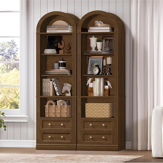 Tall Narrow Bookshelf, Arched Bookshelf with 2 Drawers, 7-Tier Farmhouse Arch Bookcase, Wooden Book Shelf with Open Display Shelves for Office, Living Room, Kitchen, Walnut
