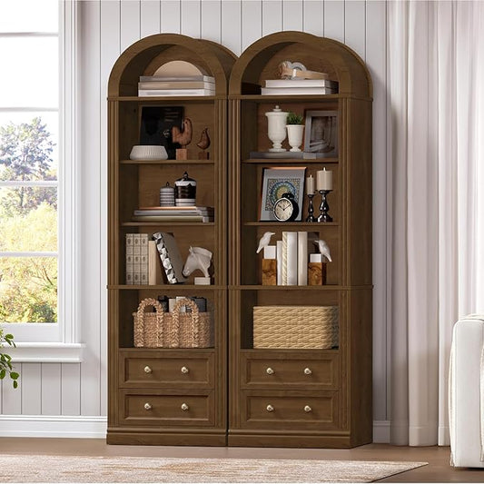 Tall Narrow Bookshelf Set of 2, Arched Bookshelf with 2 Drawers, 7-Tier Farmhouse Arch Bookcase, Wooden Book Shelf with Open Display Shelves for Office, Living Room, Kitchen, Walnut