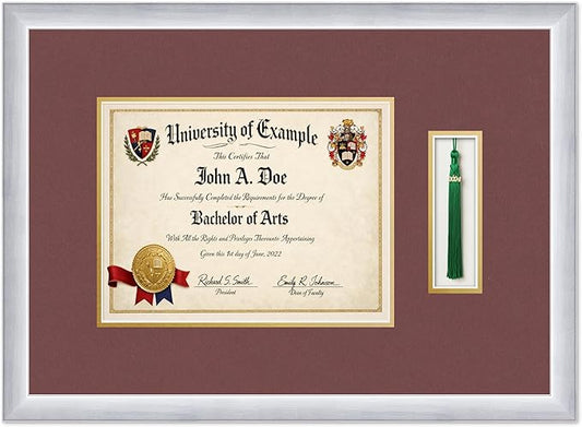CountryArtHouse Diploma and Tassel Frame Fits 11 x 8.5 US Letter Certificate with TASS Stainless Silver Genuine Hardwood Shadowbox with Dark Red Over Metallic Gold Double mat