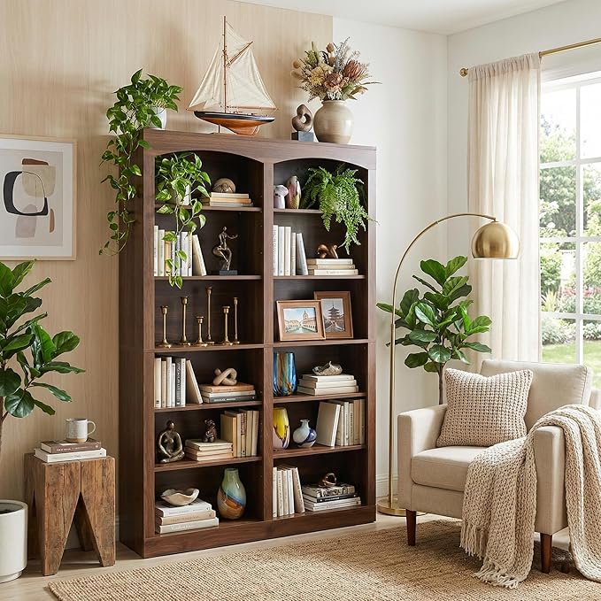71" Tall Bookcase, Double Wide Rustic Brown Bookshelf with Arched Design, 12-Tier Open Wood Display Shelf Storage Organizer for Living Room, Home Office (41.6" W x 70.8" H)
