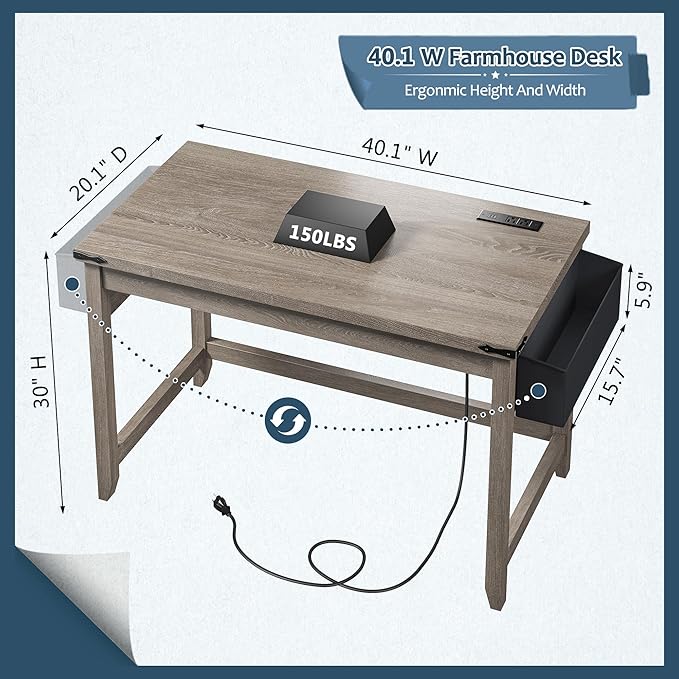 EnHomee 40 Inch Small Desk with Storage Bag Detachable, Gaming Desk with Power Outlet, Modern Simple Home Office Desk and Writing Desk for Small Spaces, Study Desk for Bedroom,Ash Gray