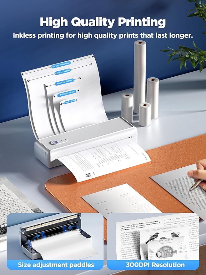 Portable Printers Wireless for Travel - A4 Thermal Printer Bluetooth Compatible with IOS Android Laptop - Support 8.5 X 11 US Letter A4 Paper 2” 3” 4” - Inkless Printers for Home Use Office Car