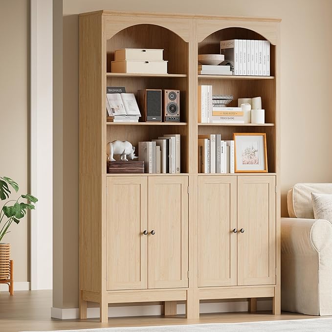 Bookshelf with Doors, 71" Tall Wood Book Shelf with Cabinet, 24" Wide Arched Bookcase with Adjustable Shelf, Floor Standing Display Storage Cabinet for Home Office, Study and Living Room, Natural Oak
