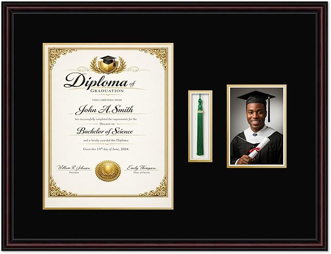 CountryArtHouse Diploma Tassel and Photo Shadowbox Fits 11 x 14 College Diploma (Portrait) with Tassel Executive Brown Genuine Hardwood with Black Over Metallic Gold Double mat