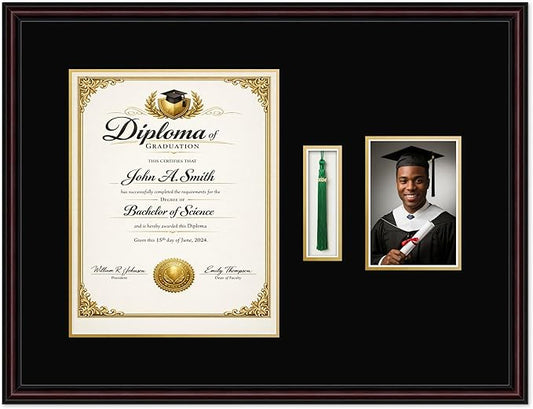 CountryArtHouse Diploma Tassel and Photo Shadowbox Fits 11 x 14 College Diploma (Portrait) with Tassel Executive Brown Genuine Hardwood with Black Over Metallic Gold Double mat