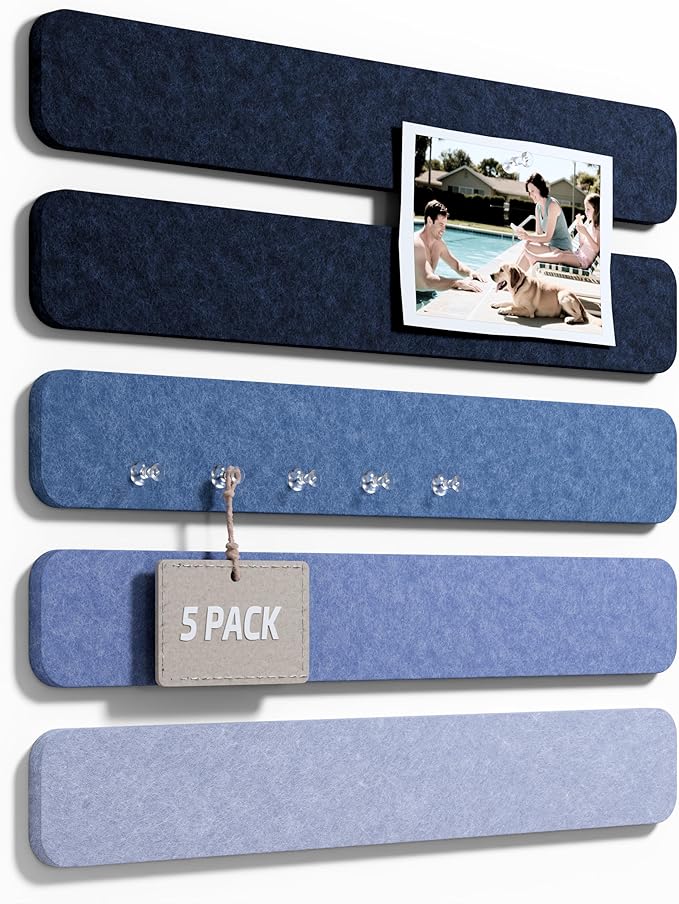 Fluxynara Cork Board Alternative Felt Strip Board 5-Pack 13"x2", Office Pin Board with 35 Push Pins, Adhesive Install for Bedroom Door & Home Office(Denim Mist)