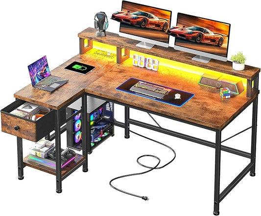 40" Gaming Desk with LED Lights, Computer Desk with Power Outlet & Drawer, L Shaped Desk with Monitor Stand for Gaming, Home Office Desk for Study Room, Bedroom, Living Room,Rustic Brown