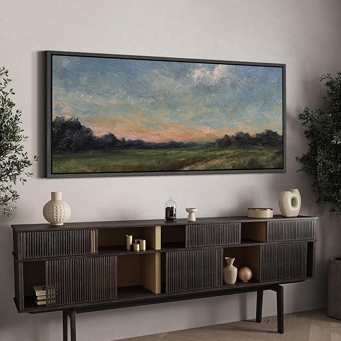 SIGNFORD Extra Large Framed Canvas Quiet Green Field at Dusk Illustrations Modern Art Calm Warm for Living Room, Bedroom, Office - 60"x30"