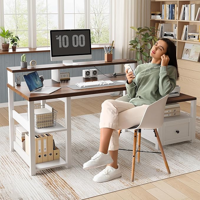 EnHomee 60.4" Computer Desk with Drawer & Power Outlet, Gaming Desk with LED Light, Farmhouse Desk Study Desk with Monitor Stand, Home Office Desk, Work Desk for Bedroom, Study Room, White