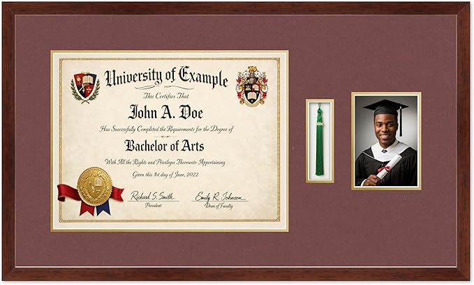 CountryArtHouse Diploma Tassel and Photo Shadowbox Fits 17 x 13 International Diploma with Tassel Hook Rustic Walnut Genuine Hardwood with Dark Red Over Metallic Gold Double mat