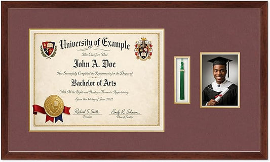CountryArtHouse Diploma Tassel and Photo Shadowbox Fits 17 x 13 International Diploma with Tassel Hook Rustic Walnut Genuine Hardwood with Dark Red Over Metallic Gold Double mat